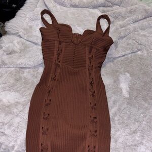 Fashion Nova Brown Ribbed Tie Front Maxi Dress